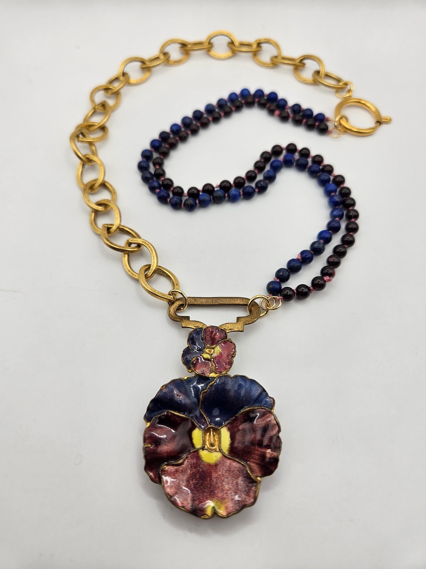 Antique 20's Pansy Enamel Buckle Garnet & Lapis 12k GF Chunky Chain Necklace