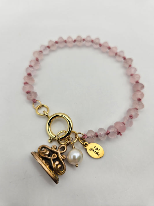 Antique 1920's 12kgf Fob Freshwater Pearl Dangle Pink Quartz on Hand Knotted Silk Cord Bracelet