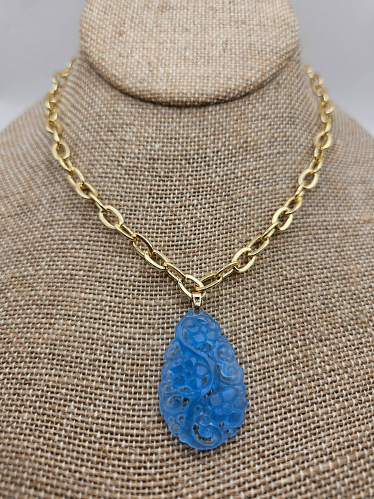 Hand Carved Aquamarine Pendant 14kgf Cable Chain Necklace