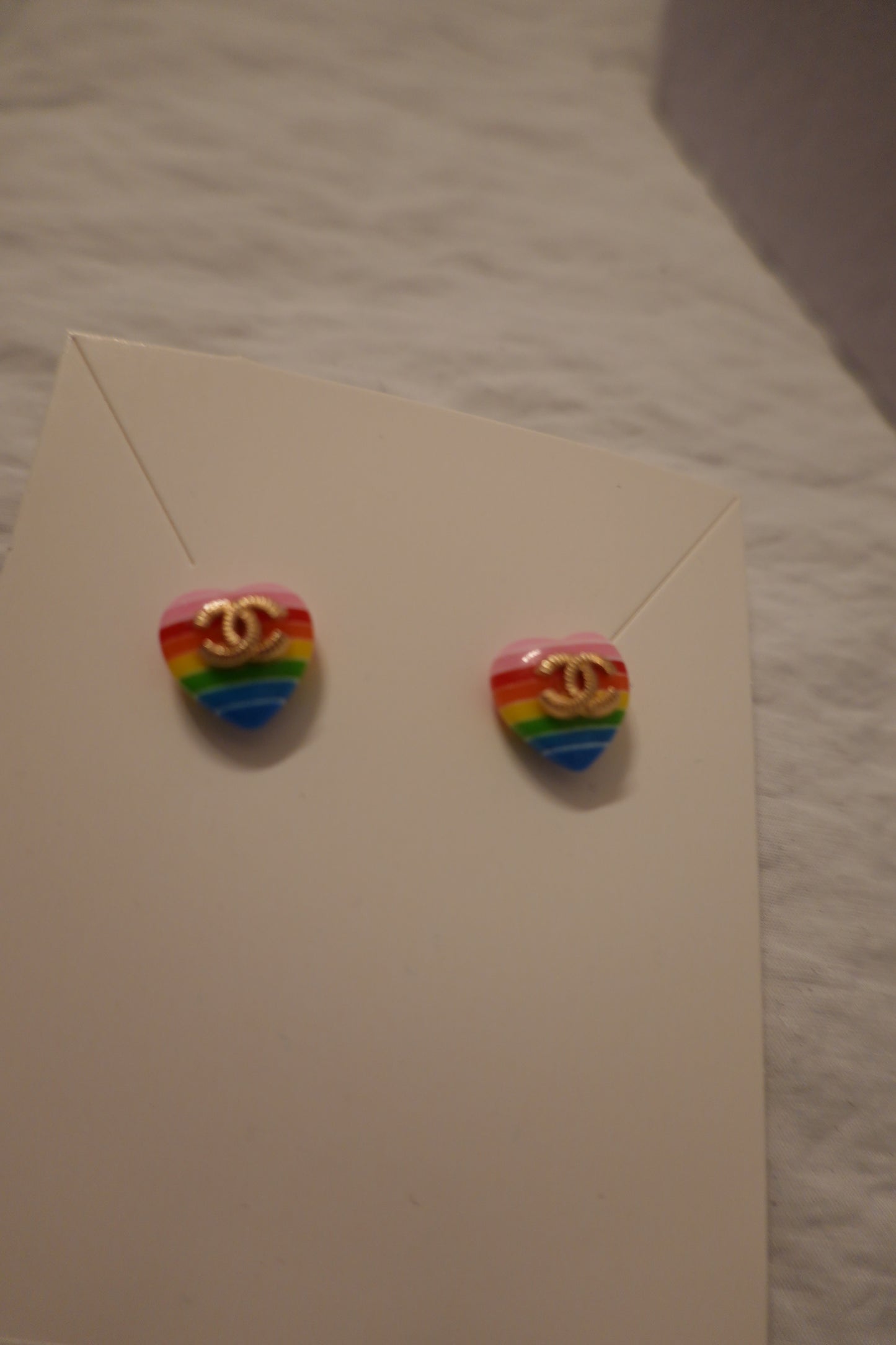 CC Heart Rainbow Resin & Gold Button Earrings Hypoallergenic