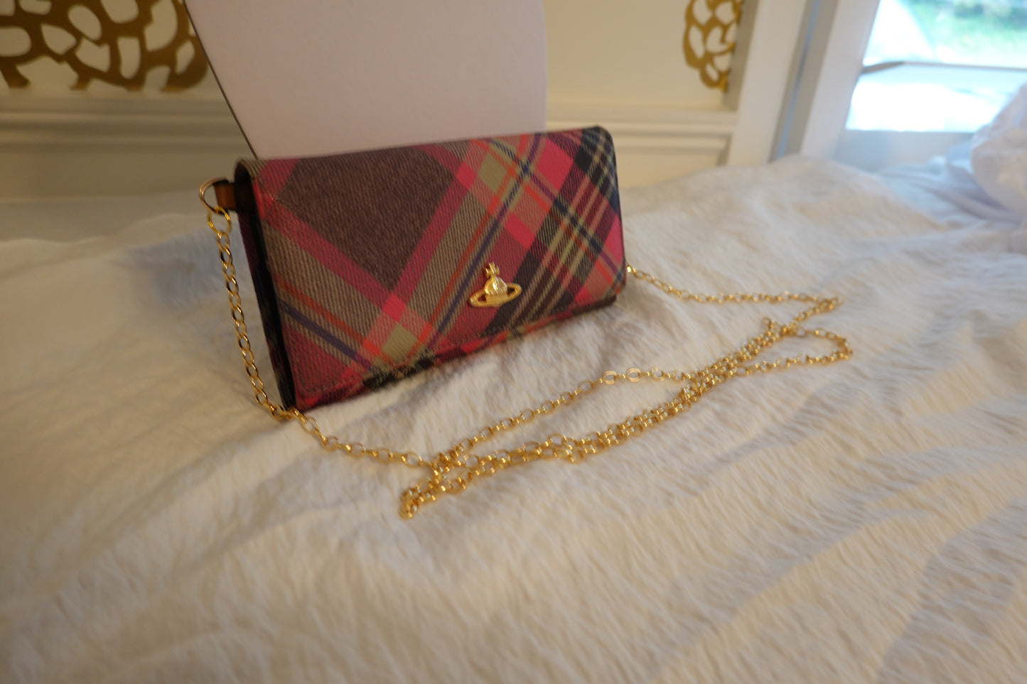 Vivienne Westwood Pink/Navy Plaid Multi Leather & Coated Canvas Wallet & Crossbody/WOC