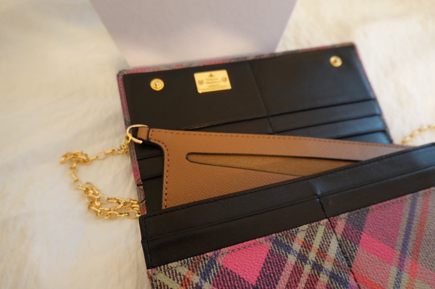 Vivienne Westwood Pink/Navy Plaid Multi Leather & Coated Canvas Wallet & Crossbody/WOC