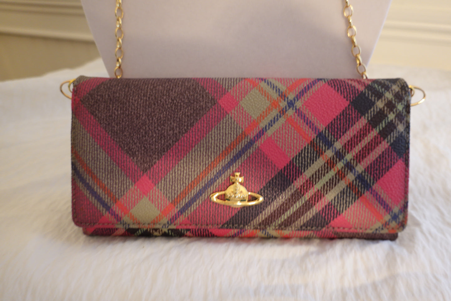 Vivienne Westwood Pink/Navy Plaid Multi Leather & Coated Canvas Wallet & Crossbody/WOC