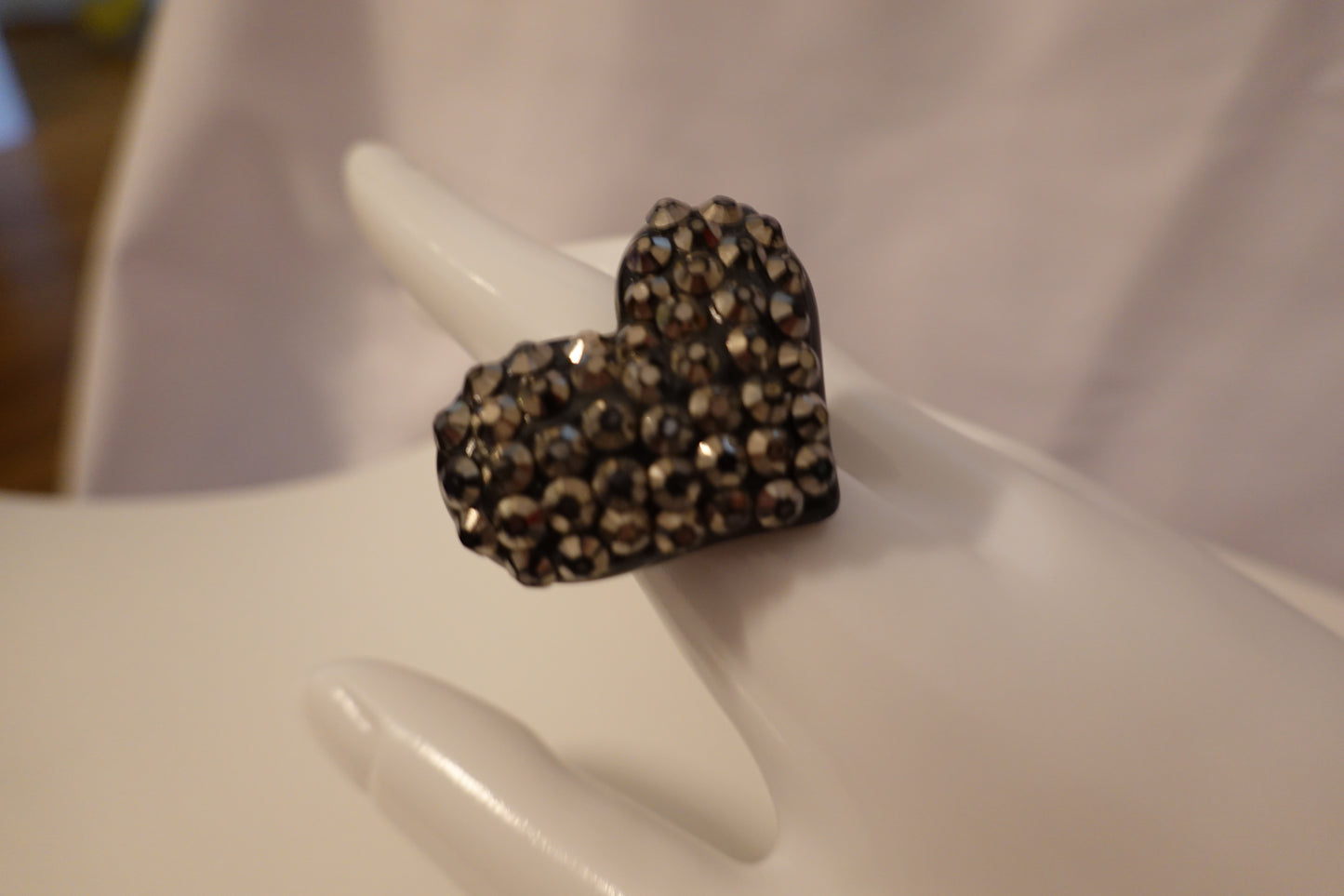 Vintage 1990's Black Rhinestone Plastic Heart Shape Statement Ring Size 10