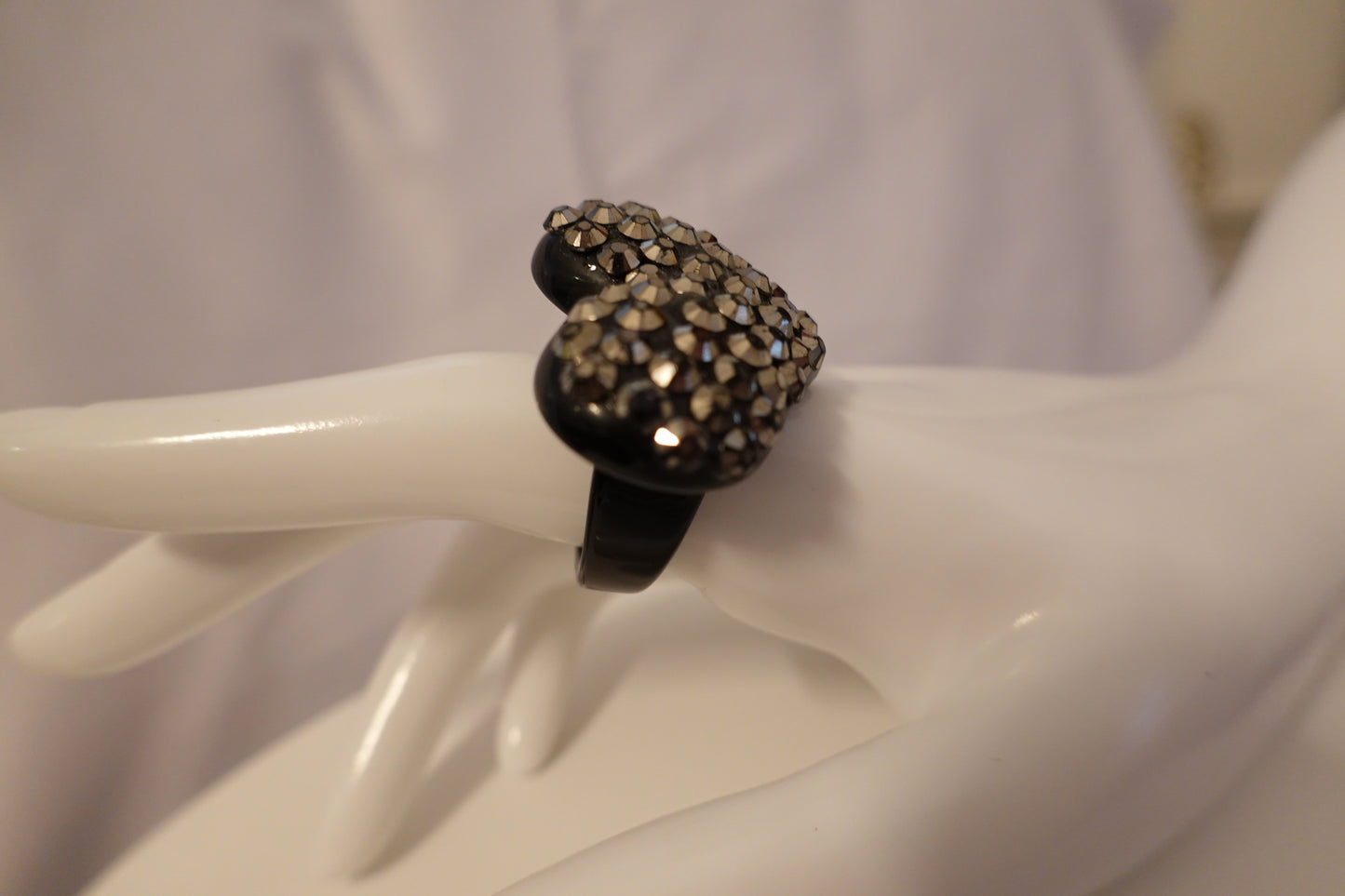 Vintage 1990's Black Rhinestone Plastic Heart Shape Statement Ring Size 10