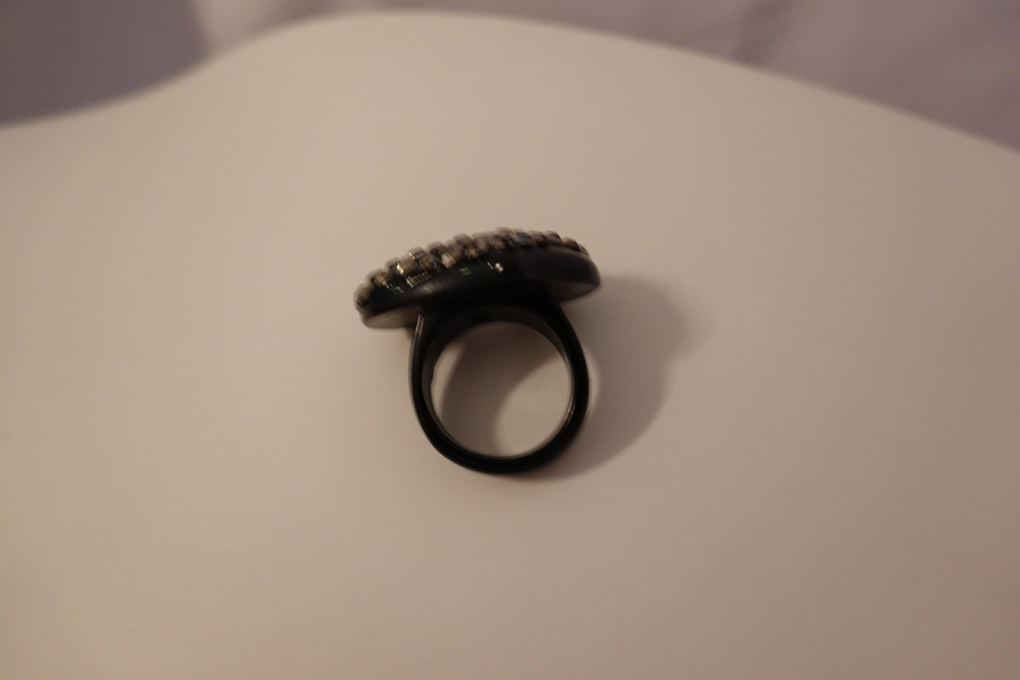 Vintage 1990's Black Rhinestone Plastic Heart Shape Statement Ring Size 10