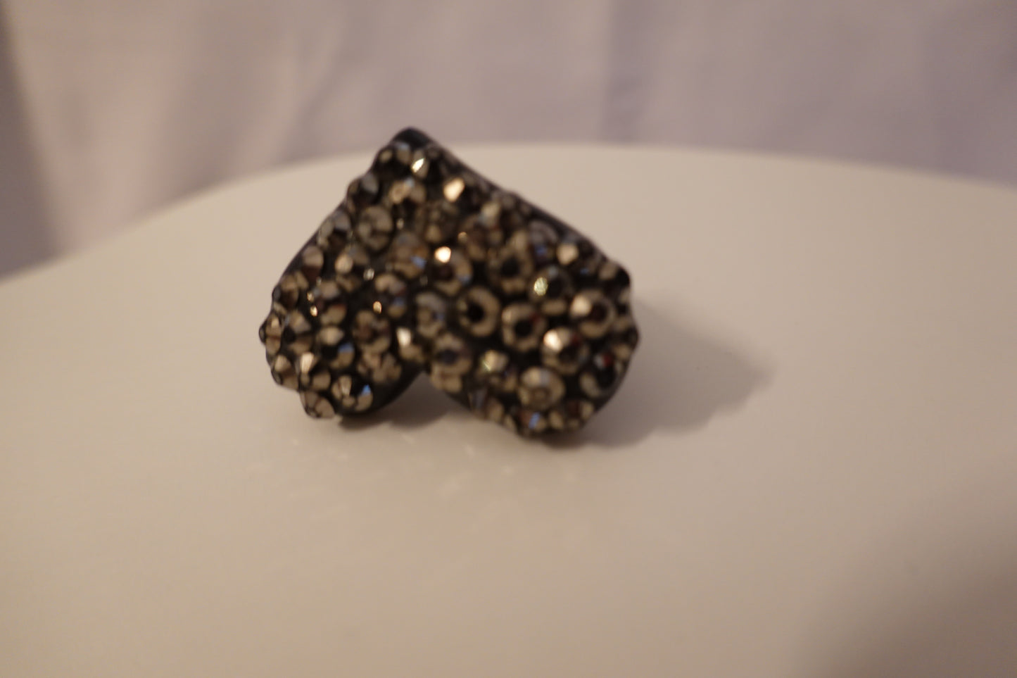 Vintage 1990's Black Rhinestone Plastic Heart Shape Statement Ring Size 10