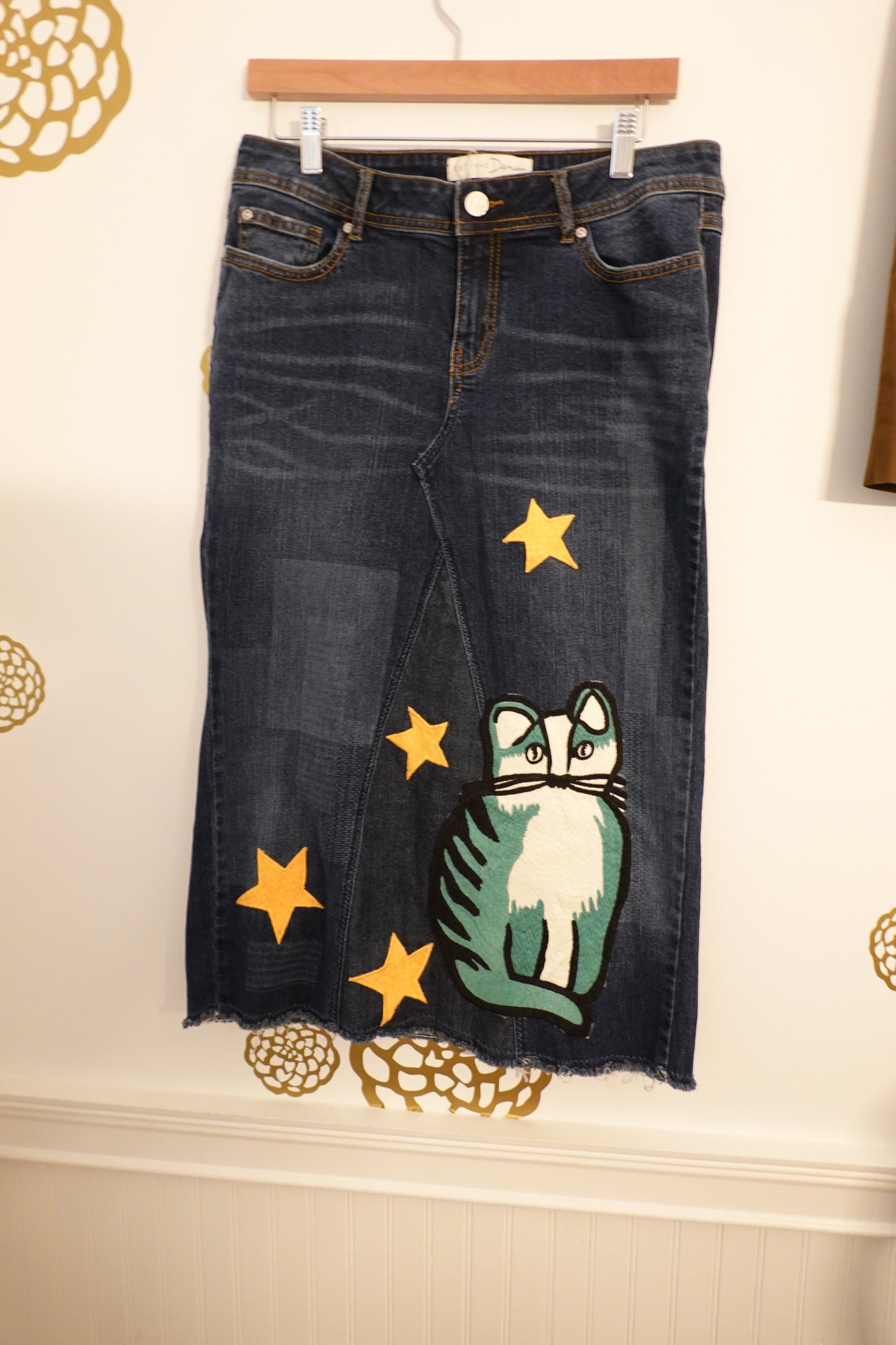 Vintage C Establish 1946 Y2K Cat & Stars Denim Jean Skirt Size 12 (EUC)