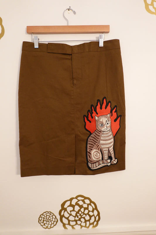 Vintage Gucci Pencil Olive Brown Skirt Flame Cat Patch (Sewn On) Size 12 (EUC 48)