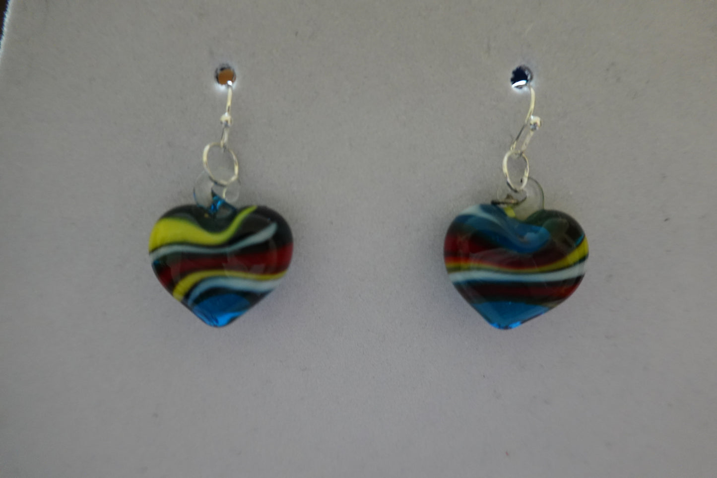 Vintage Blown Glass Striped Hearts on New Silver Tone Dangle Hypoallergenic Earrings (EUC)