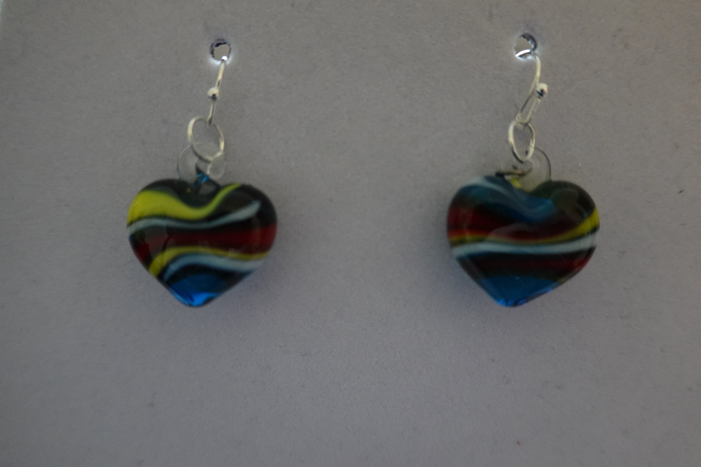 Vintage Blown Glass Striped Hearts on New Silver Tone Dangle Hypoallergenic Earrings (EUC)