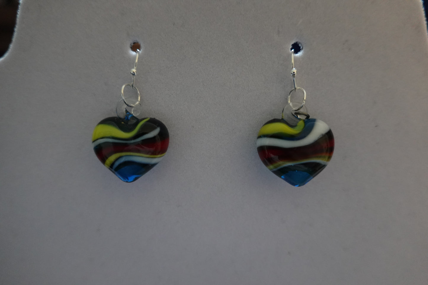 Vintage Blown Glass Striped Hearts on New Silver Tone Dangle Hypoallergenic Earrings (EUC)