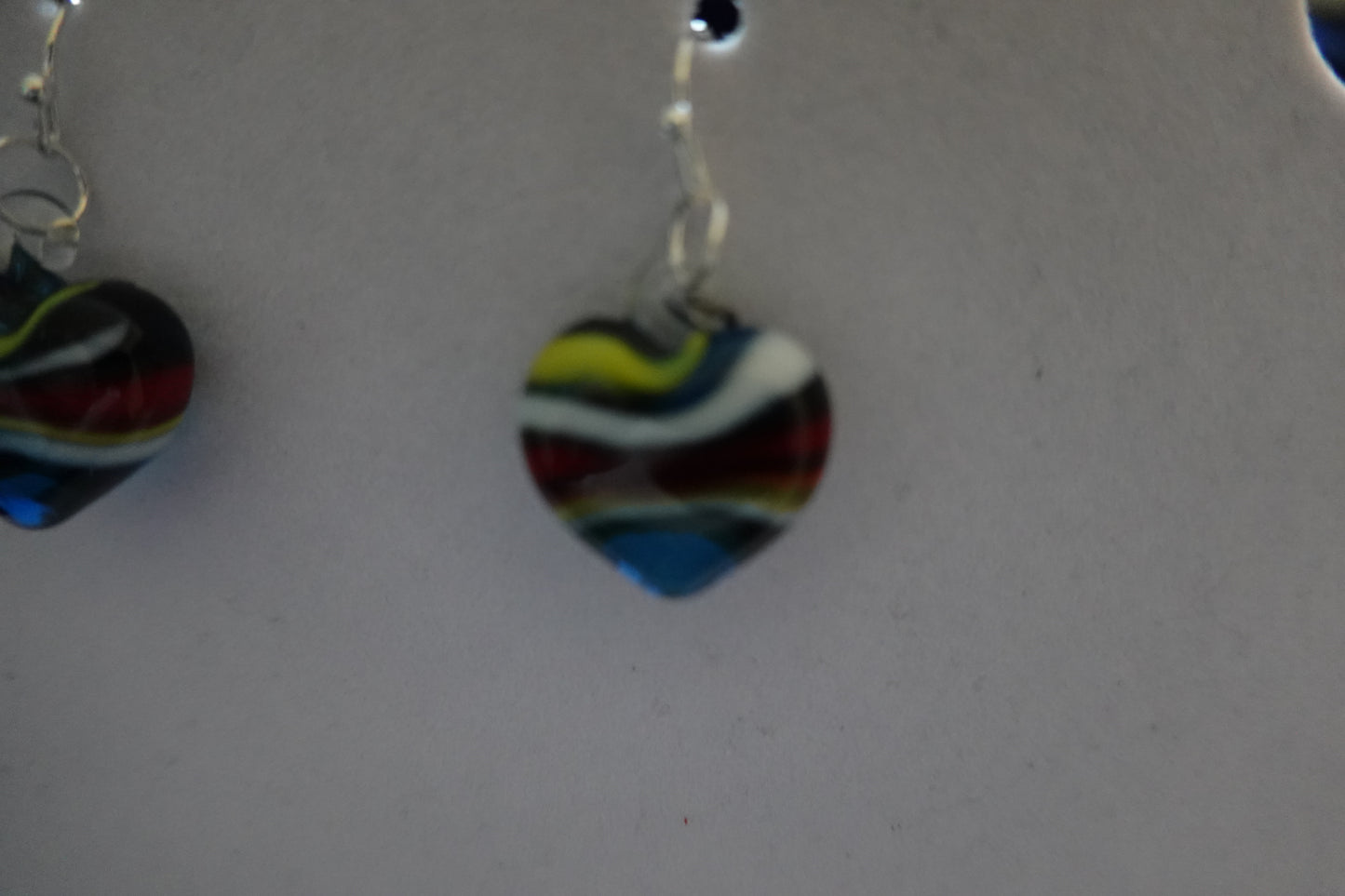 Vintage Blown Glass Striped Hearts on New Silver Tone Dangle Hypoallergenic Earrings (EUC)