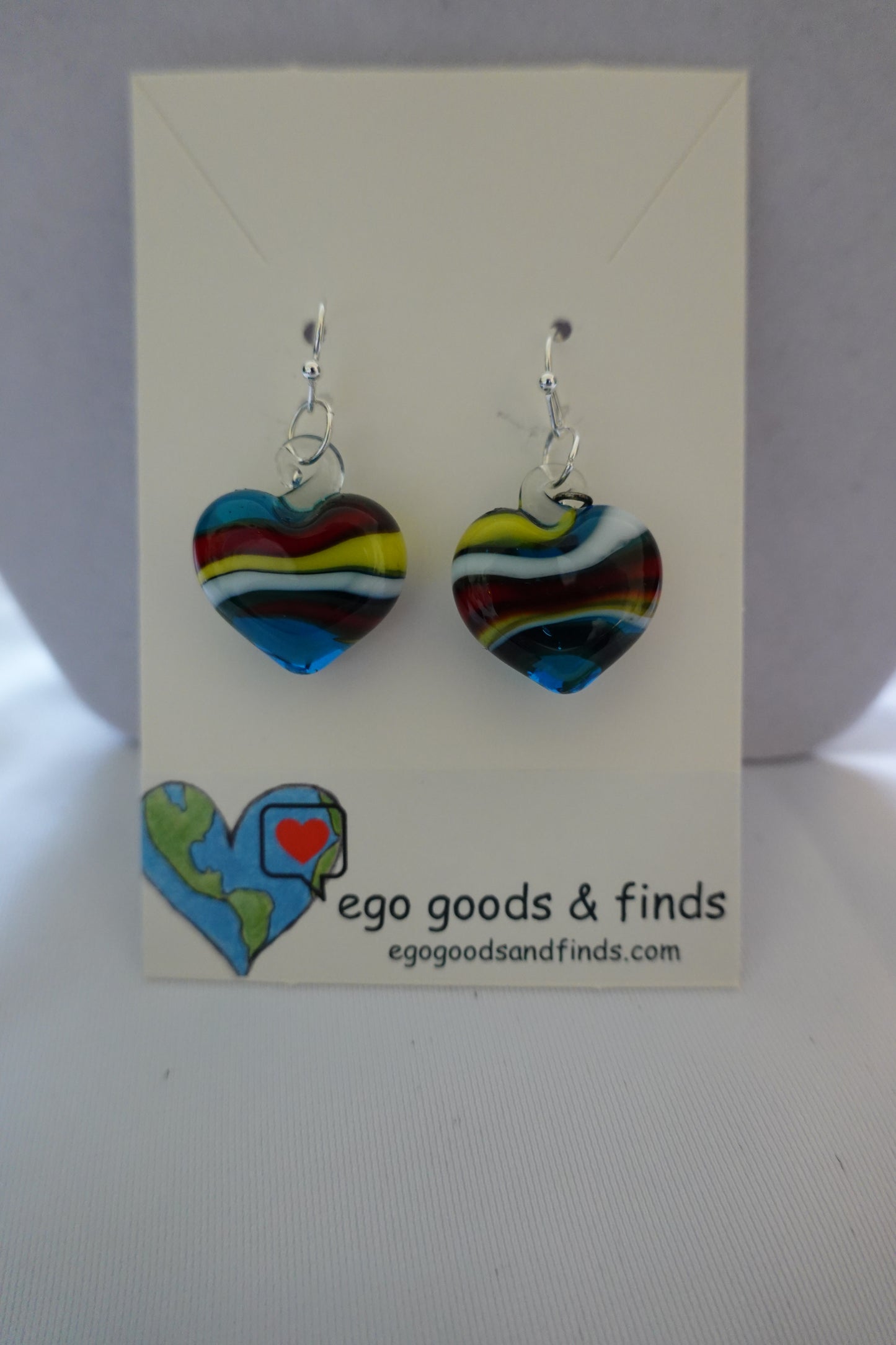 Vintage Blown Glass Striped Hearts on New Silver Tone Dangle Hypoallergenic Earrings (EUC)