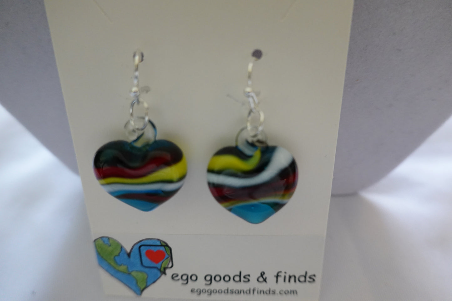 Vintage Blown Glass Striped Hearts on New Silver Tone Dangle Hypoallergenic Earrings (EUC)