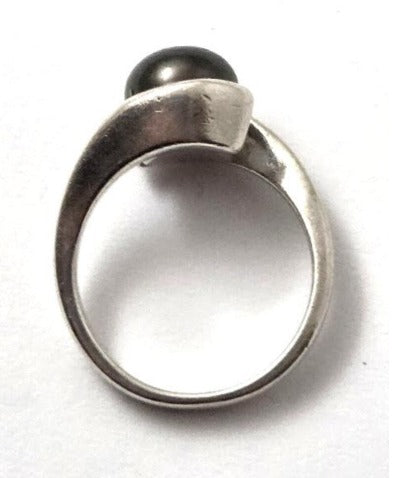 Vintage 60's Cultured Black Pearl Sterling Silver Ring