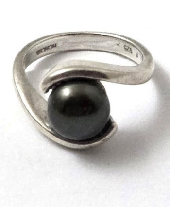 Vintage 60's Cultured Black Pearl Sterling Silver Ring