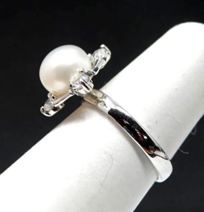 Vintage 1940's Freshwater Pearl, CZ Sterling Silver Ring