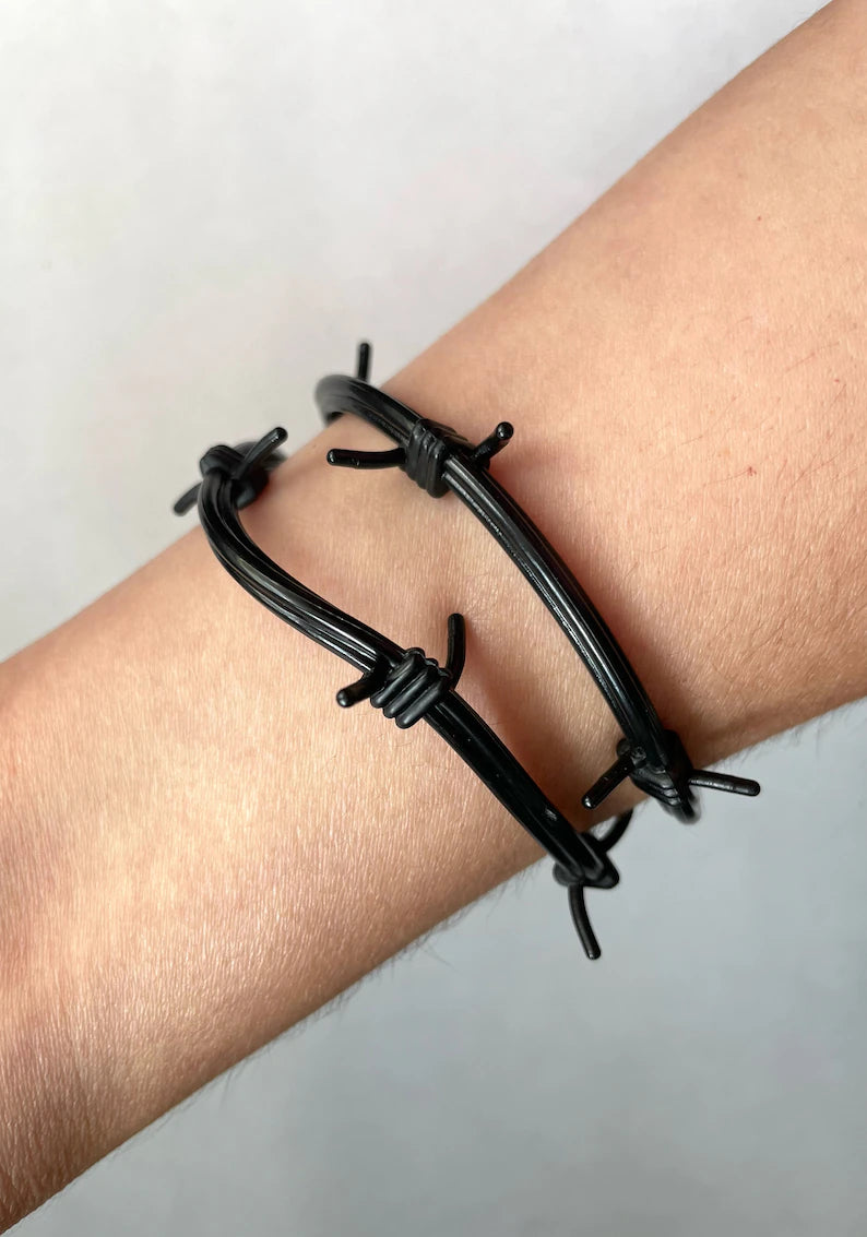 Vintage 80's Black Rubber Barbed Wire Bangle Bracelets (New Deadstock)