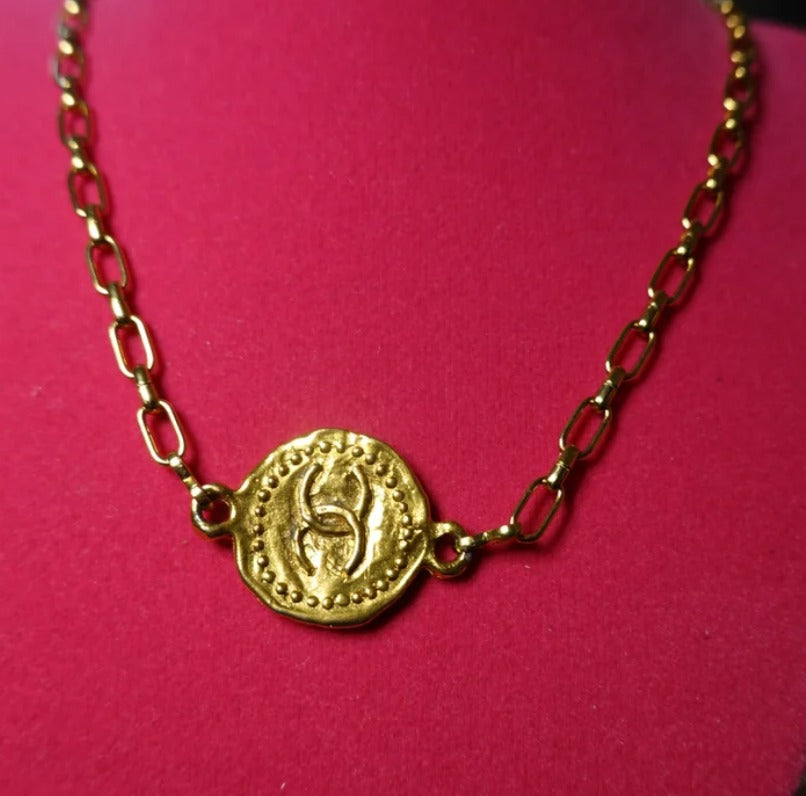 Chanel CC "Coin" Pendant Link on Gold Plated Chunky Paperclip Chain Necklace