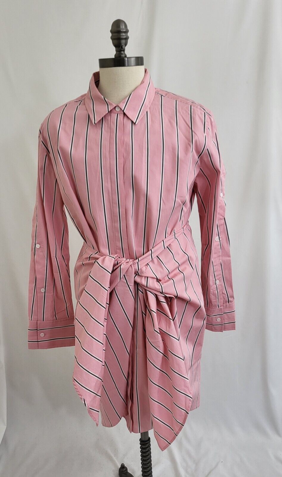 Derek Lam 10 Crosby Charlotte Tie Waist Shirt Dress Pink Black Stripe Size 16 (EUC)