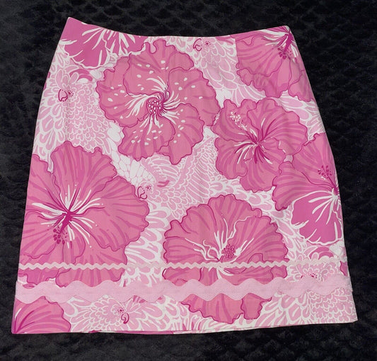 Vintage Lilly Pulitzer Pink Floral Print Ric-Rac Trim A Line Skirt Size 6 (EUC)