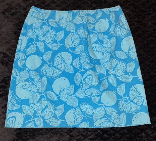 Vintage Lilly Pulitzer Turquoise Blue Butterfly & Fruit Print A Line Skirt Size 6 (EUC)