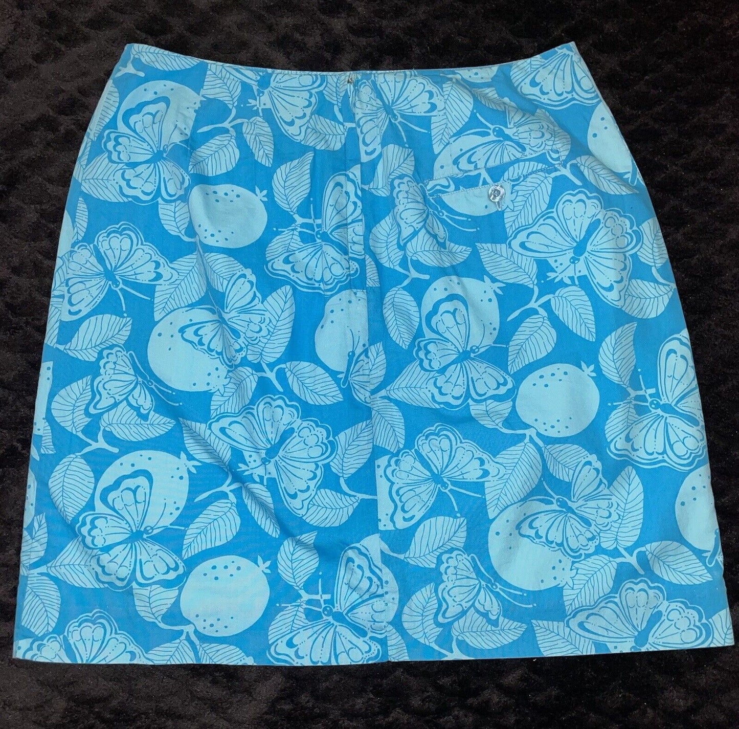 Vintage Lilly Pulitzer Turquoise Blue Butterfly & Fruit Print A Line Skirt Size 6 (EUC)